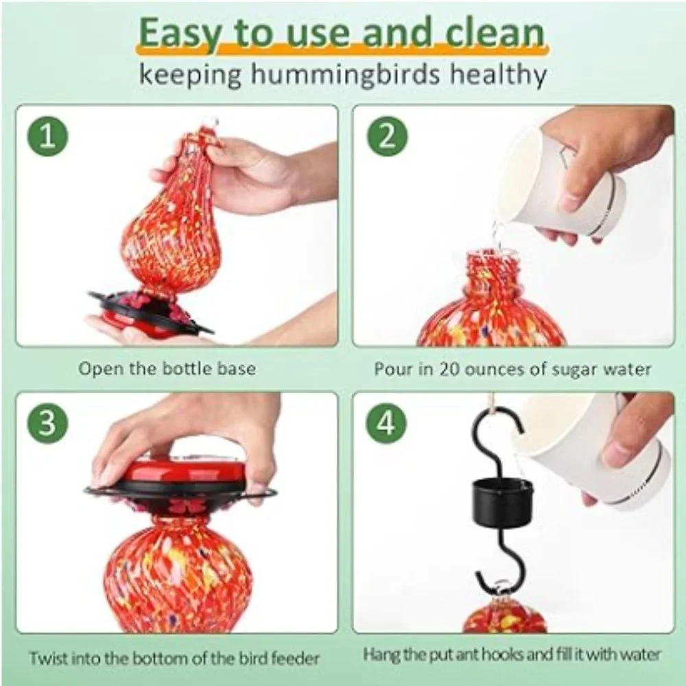 28 oz - Hand Blown Glass Hummingbird Feeder for Outdoors